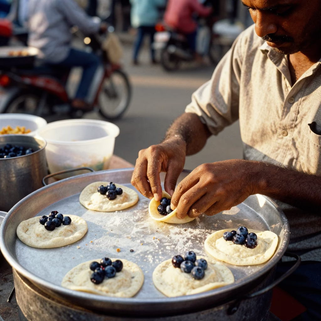 Chennai Street Food Vendor Preparing Blueberry Stuffed Parathas in Late Afternoon Light in in Chennai, India
