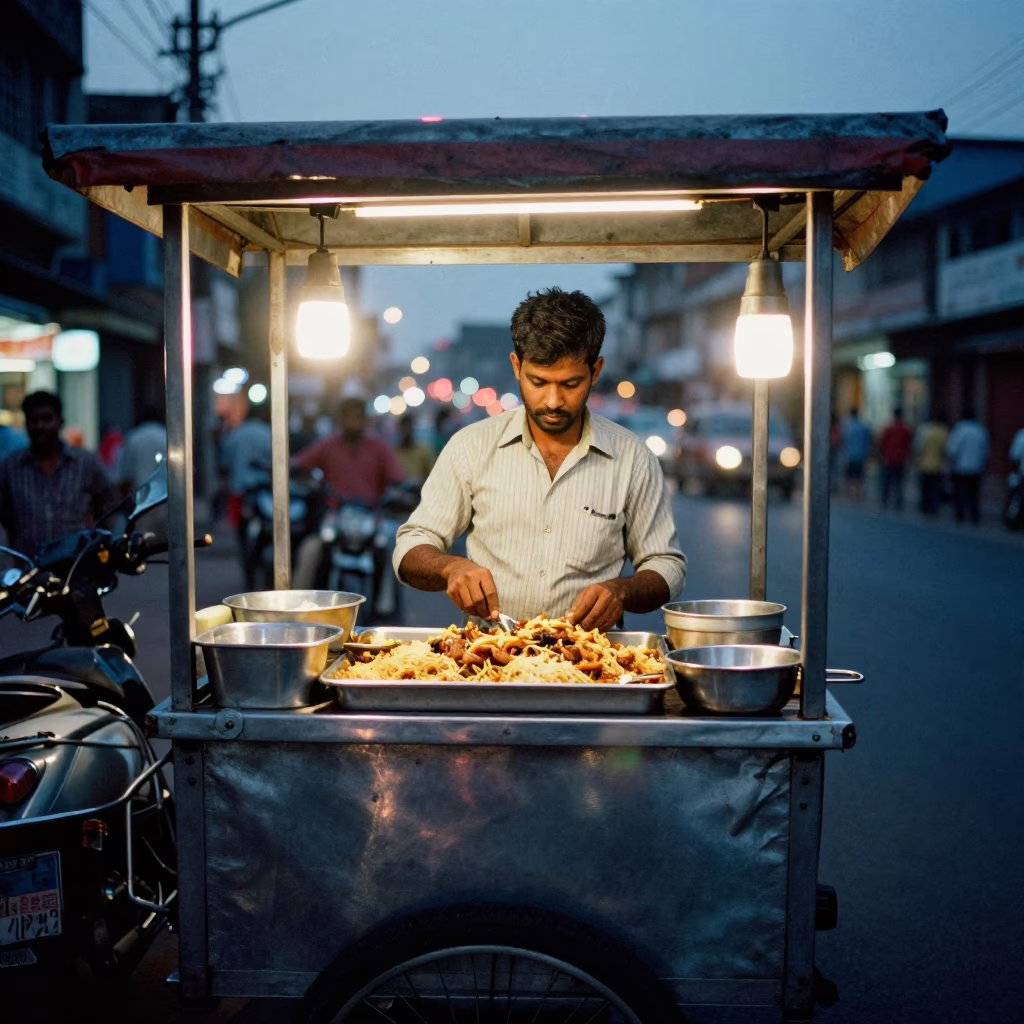 Chennai street food vendor preparing koshari at dusk with city lights in in Chennai, India