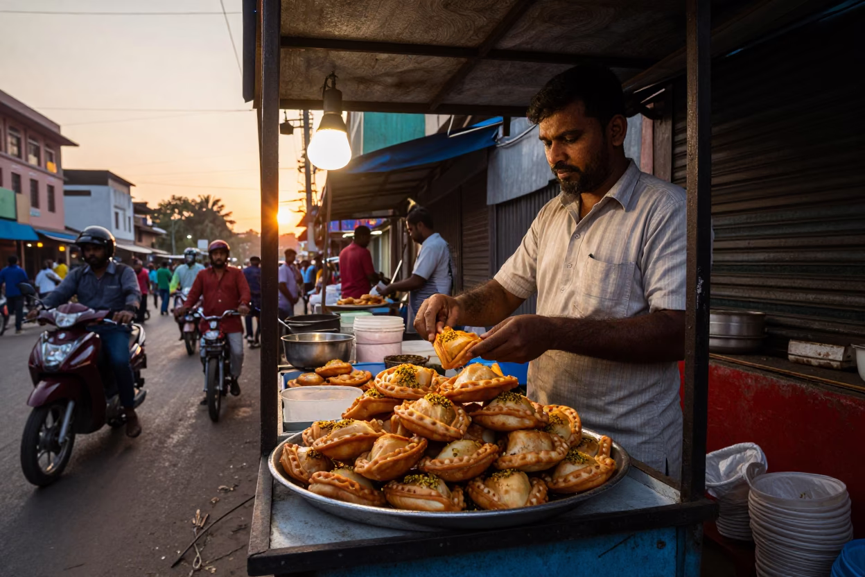 Chennai Street Food Vendor Selling Hot Mandazi and Cardamom Tea at Sunset in in Chennai, India