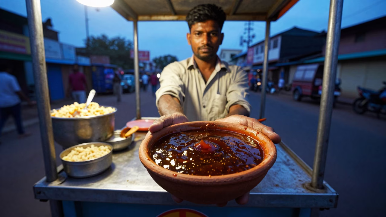 Chennai street food vendor serving chaat with tamarind chutney at blue hour in in Chennai, India