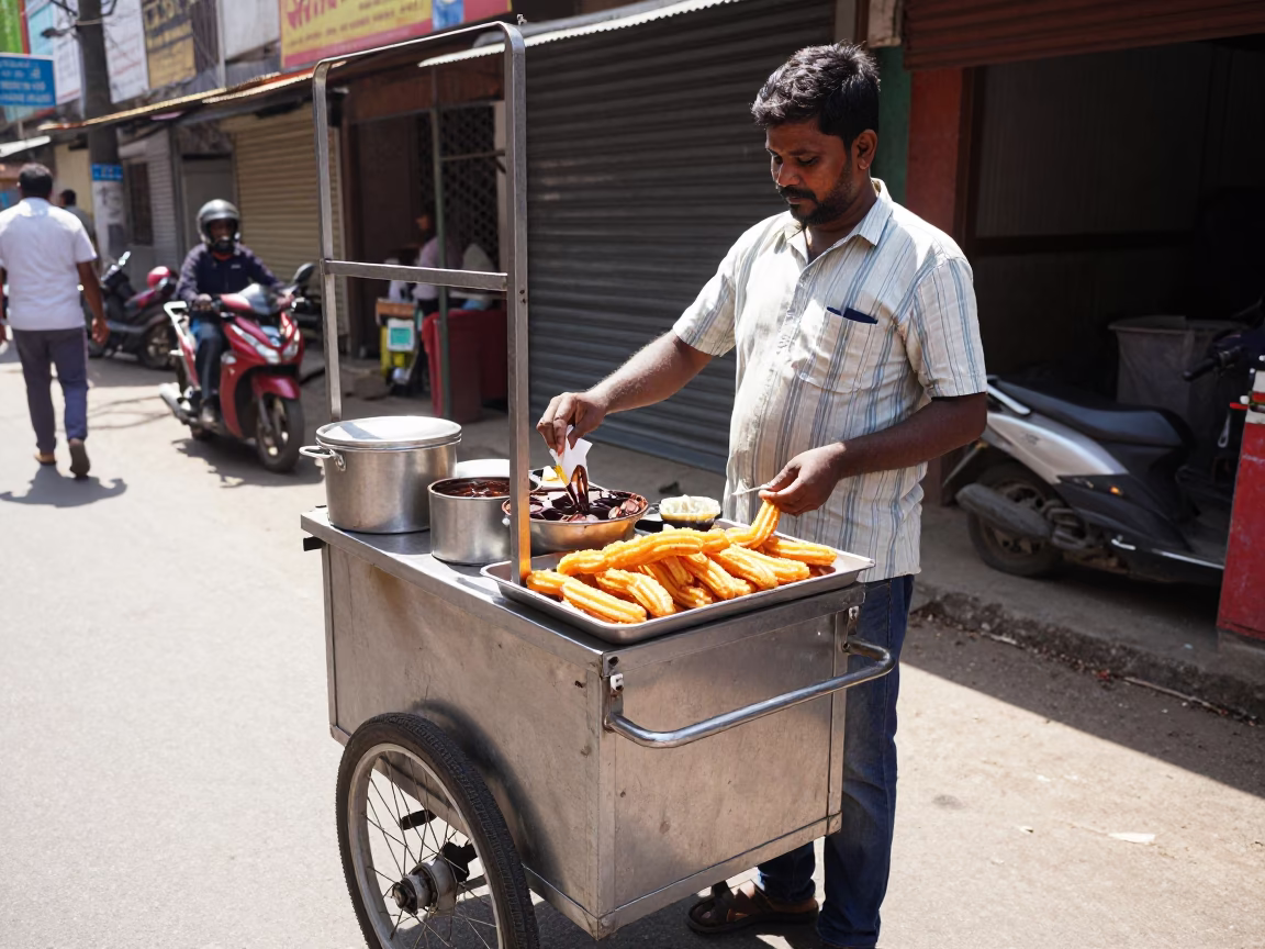 Chennai street food vendor serving churros with chocolate sauce in bright midmorning light in in Chennai, India