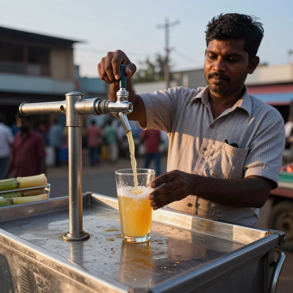 Chennai street food vendor serving fresh sugarcane juice in honeyed evening light in in Chennai, India