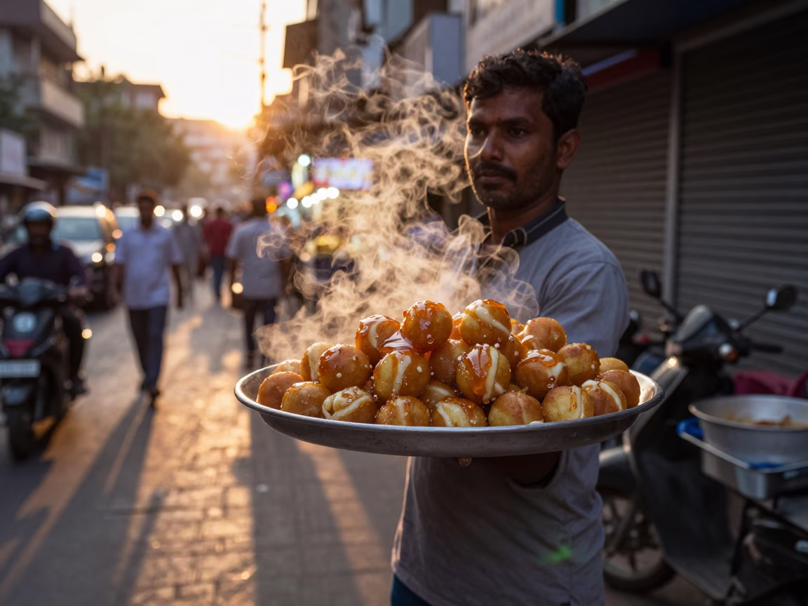 Chennai street food vendor serving hot loukoumades with honey at dusk in in Chennai, India