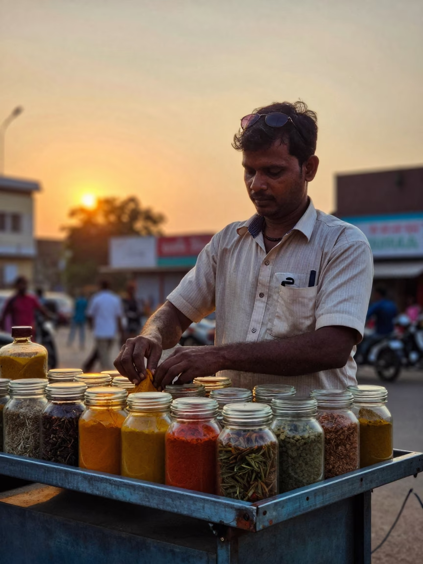 Chennai street food vendor serving spice jars and glass of horchata at sunset in in Chennai, India