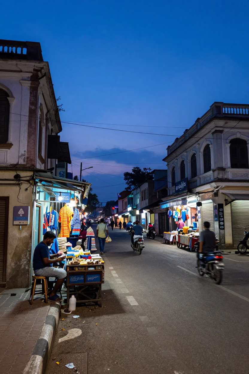 Chennai Street Life in Indigo Twilight with Shopkeeper and Neon Signs in in Chennai, India