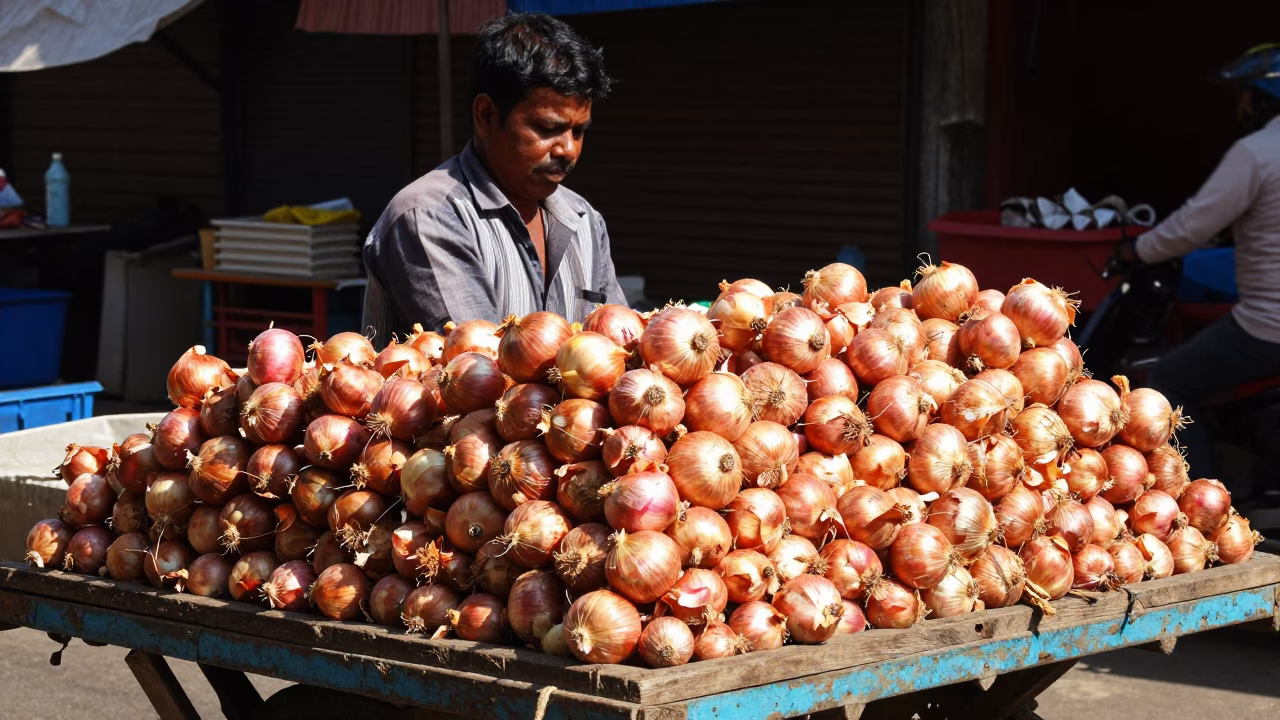 Chennai Street Market Vendor Selling Onions Under Noon Sunlight in in Chennai, India
