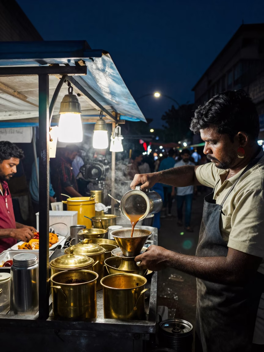 Chennai Street Night Food Stall with Brass Vessels and Coffee Brewing in Deep Darkness in in Chennai, India