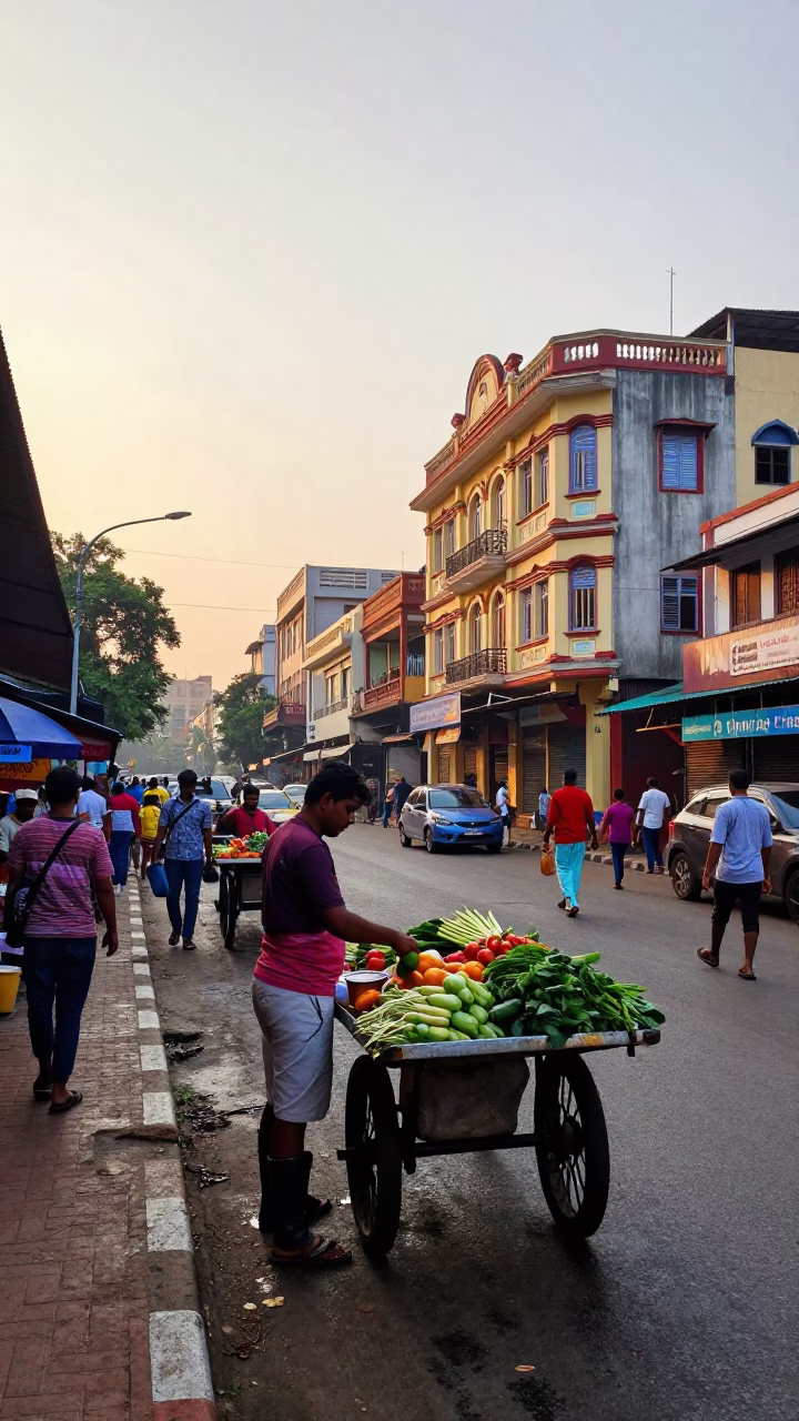 Chennai Street Scene After Sunrise With Rain Boots And Local Market Activity in in Chennai, India