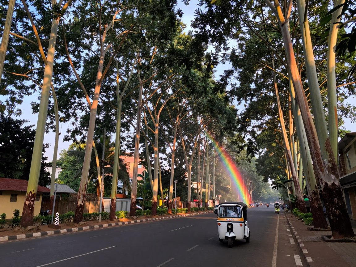 Chennai Street Scene at Dawn with Rainbow Eucalyptus and Auto Rickshaw in in Chennai, India