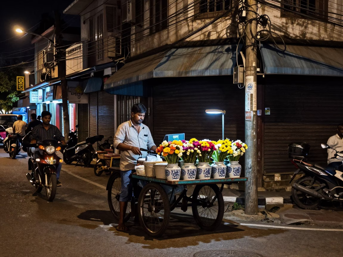 Chennai Street Scene at Deep In The Night Light in in Chennai, India