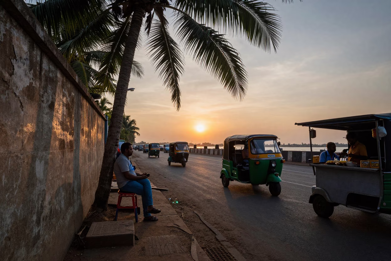 Chennai street scene at dusk with auto rickshaws and palm tree shadows in in Chennai, India