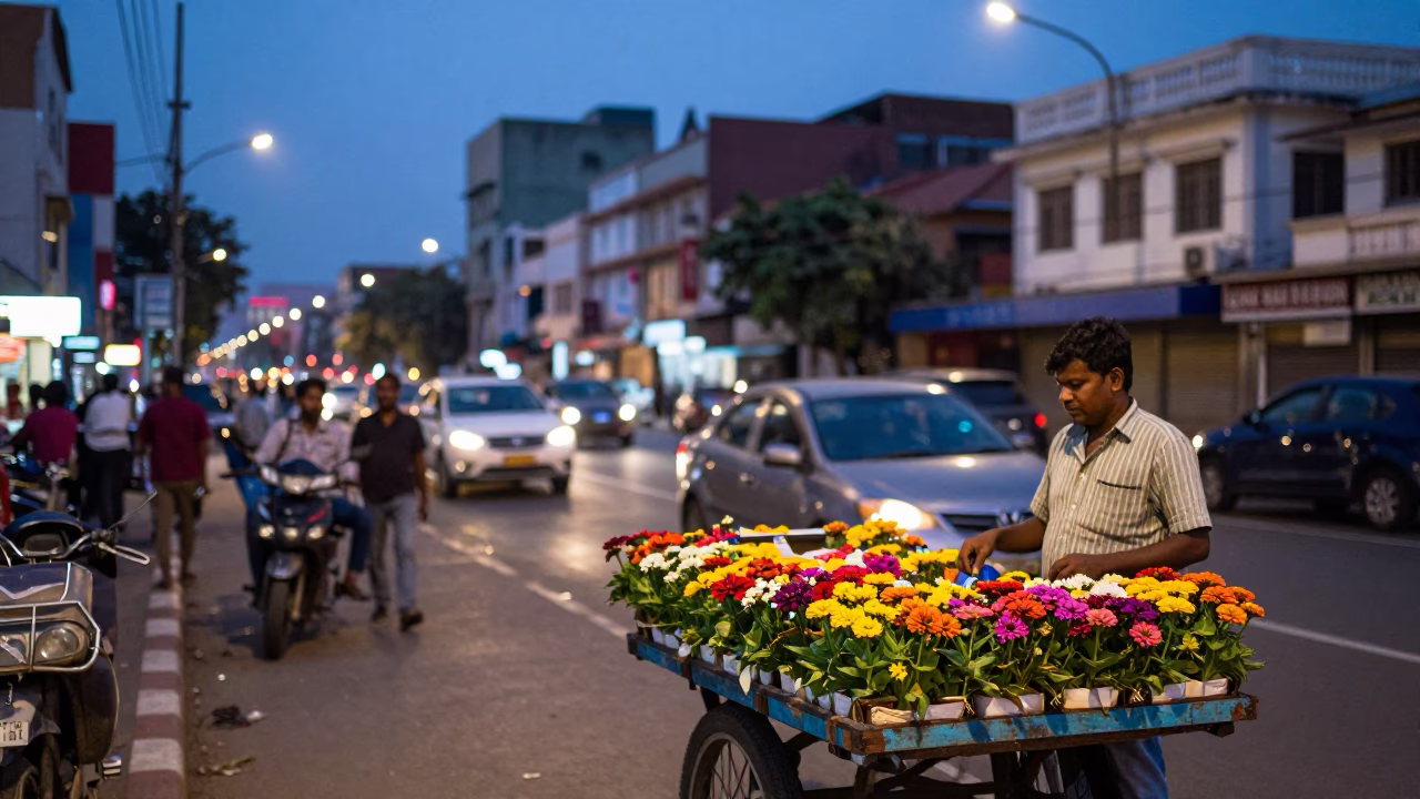 Chennai street scene at dusk with colorful flower vendor and traditional architecture in in Chennai, India