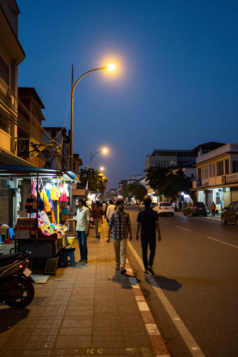 Chennai street scene at dusk with glowing shop lights and local commerce in in Chennai, India