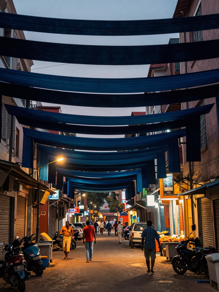 Chennai Street Scene at Dusk with Hanging Silk Fabric and Clay Pots in in Chennai, India