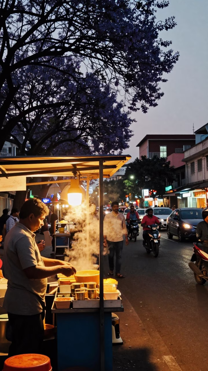 Chennai Street Scene at Dusk with Jacaranda Tree and Masala Chai Stall in in Chennai, India