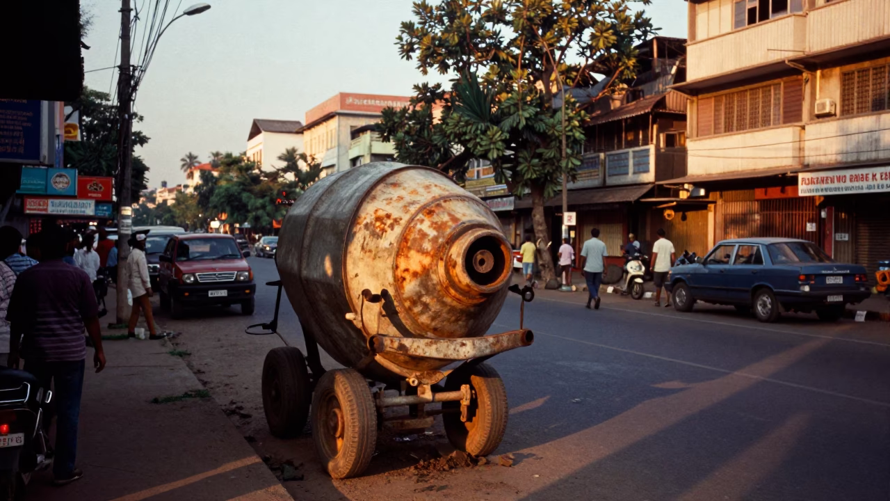 Chennai Street Scene at Golden Hour with Cement Mixer and Rusty Runner in in Chennai, India