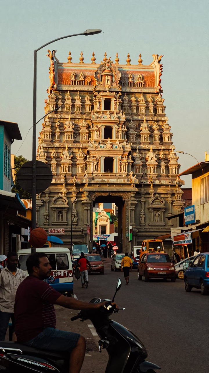 Chennai Street Scene at Golden Hour with Vintage Basketball and Local Commerce in in Chennai, India