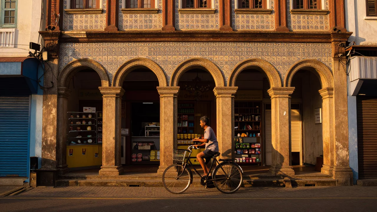 Chennai Street Scene at Golden Hour with Vintage Bicycle and Local Bakery in in Chennai, India