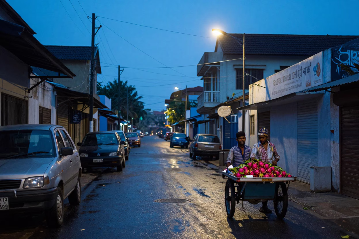 Chennai Street Scene at Nautical Dawn with Dragon Fruit and Soap Residue on Window in in Chennai, India