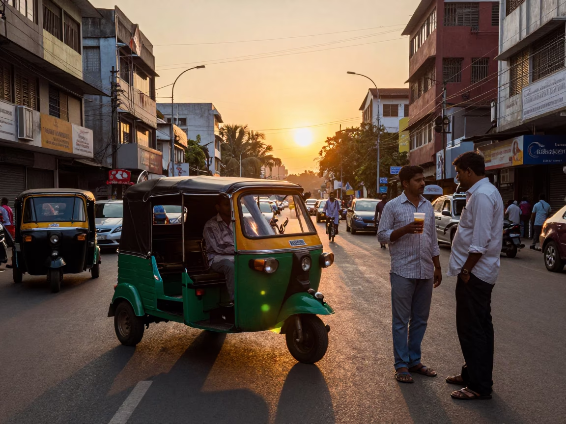 Chennai Street Scene at Sunset with Auto Rickshaws and Local Life in in Chennai, India