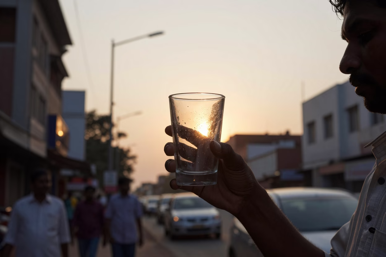 Chennai street scene at sunset with glass tumbler and banana plantation background in in Chennai, India