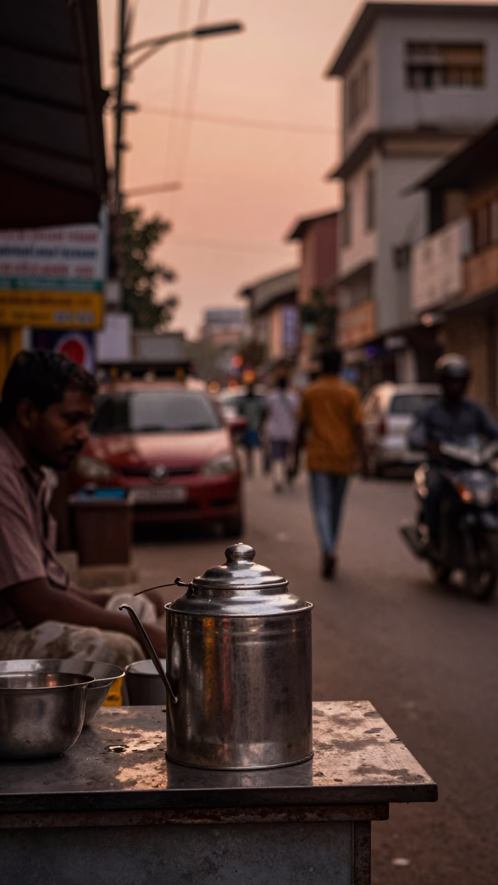 Chennai Street Scene Before Dusk with Tea Canister and Substation Puddle Reflections in in Chennai, India