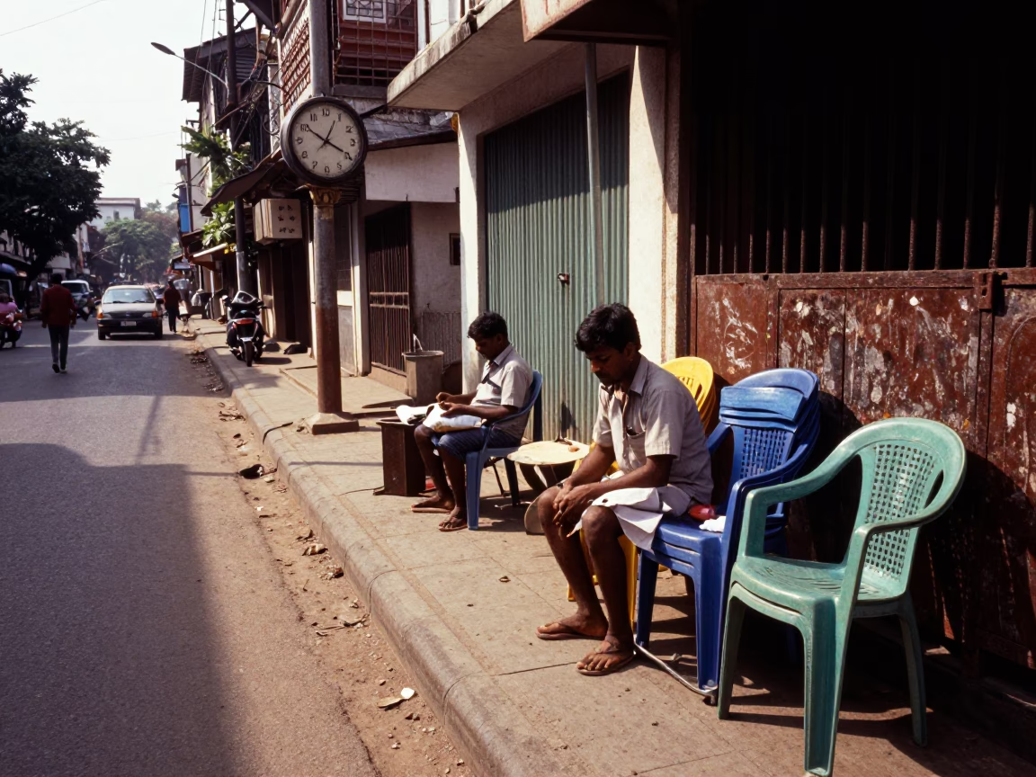 Chennai Street Scene Early Afternoon with Chess Clock and Brush on Sidewalk in in Chennai, India