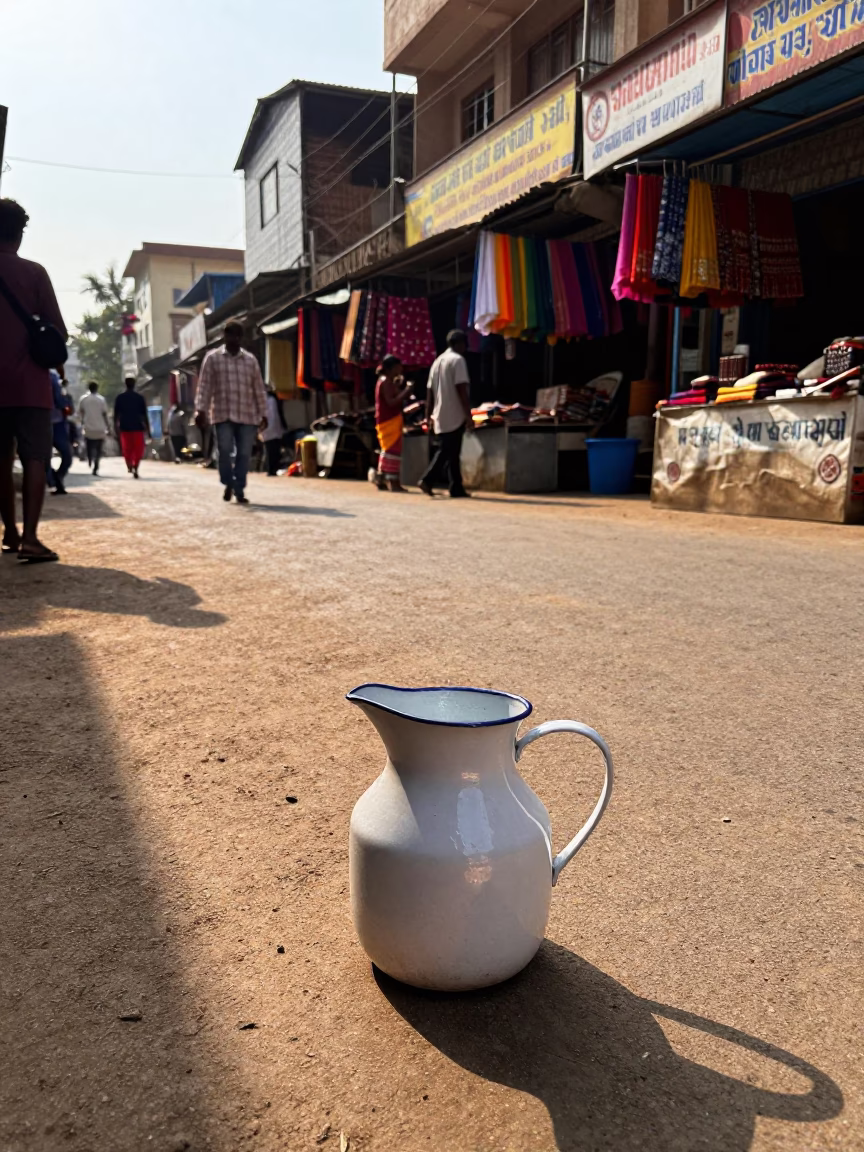 Chennai Street Scene Early Afternoon with Enamel Pitcher and Local Commerce in in Chennai, India
