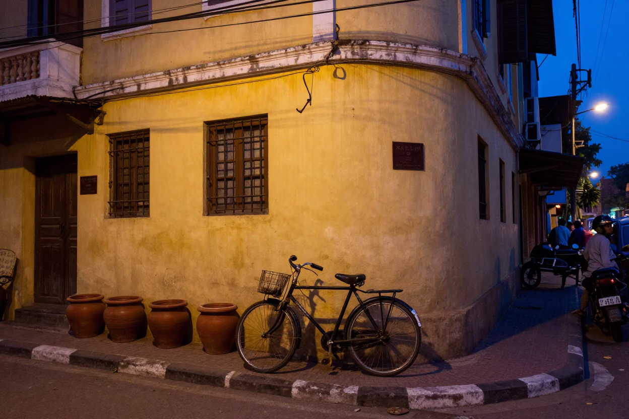 Chennai Street Scene Indigo Twilight Clay Pots and Bicycle Near Bakery in in Chennai, India