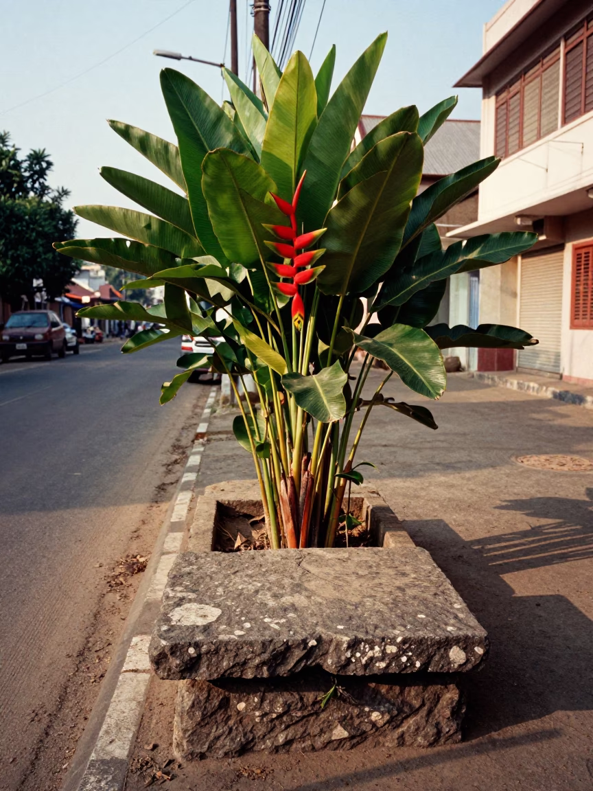 Chennai Street Scene Late Afternoon Heliconia and Stone Slab Details in in Chennai, India