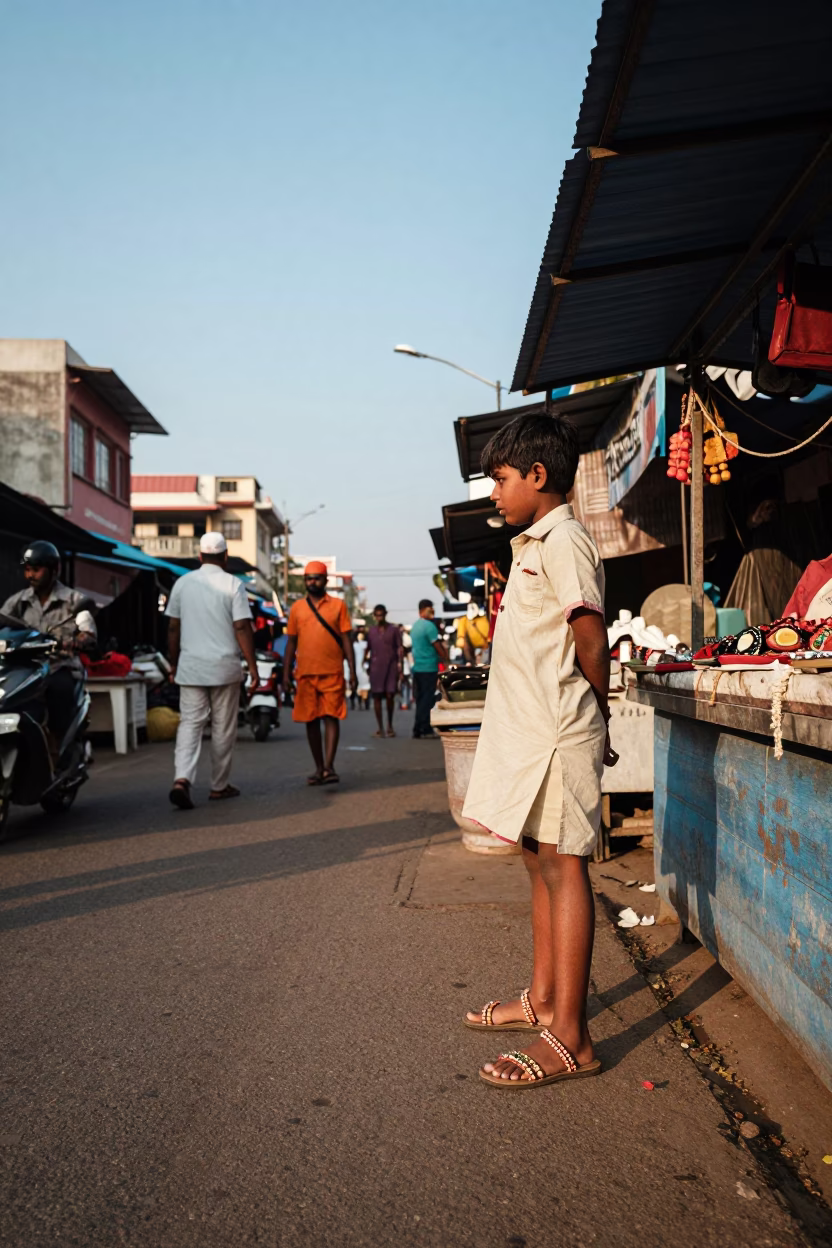 Chennai Street Scene Late Afternoon with Beaded Sandals and Orange Peel in in Chennai, India