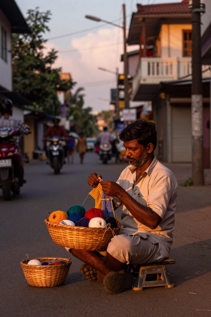 Chennai Street Scene with Knitting Basket and Copper Sunset Light Before Dusk in in Chennai, India