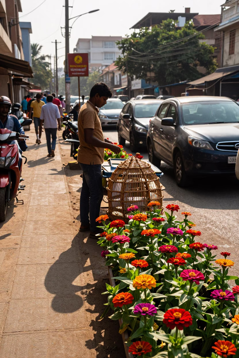 Chennai Street Scene with Wicker Shadow and Zinnias in Late Afternoon Light in in Chennai, India