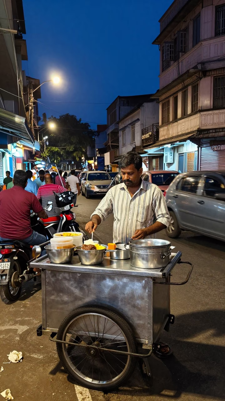 Chennai street tea vendor serving night patrons under mixed city lights in in Chennai, India