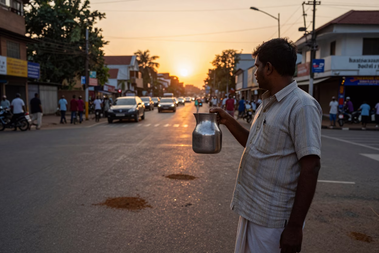 Chennai street vendor at sunset with tea stains and brass details in in Chennai, India