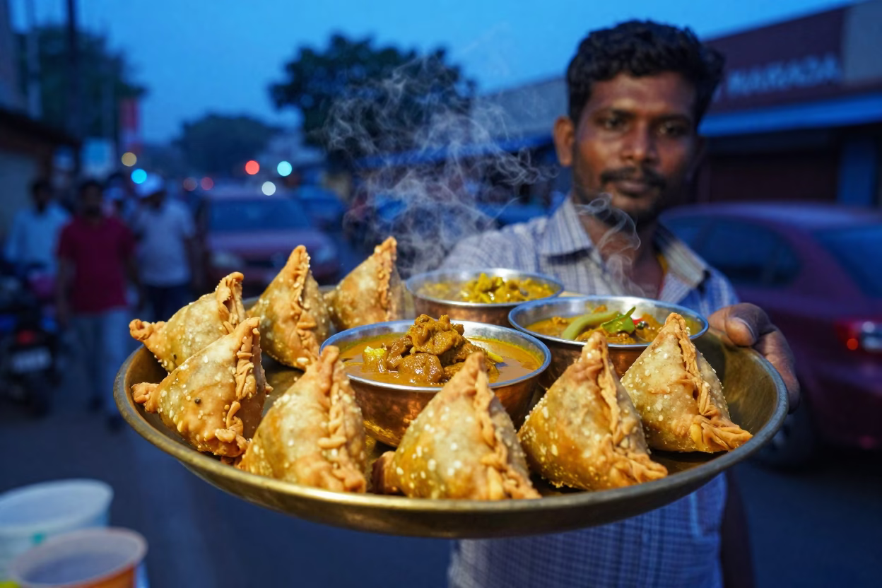Chennai Street Vendor Evening Curry and Samosas Brass Plate Blue Light in in Chennai, India