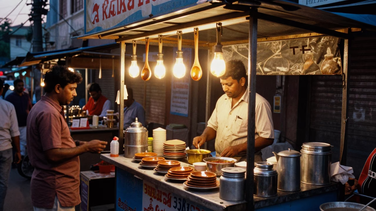 Chennai Street Vendor Evening Light Tea Shop Wooden Spoon Ladder Chair in in Chennai, India