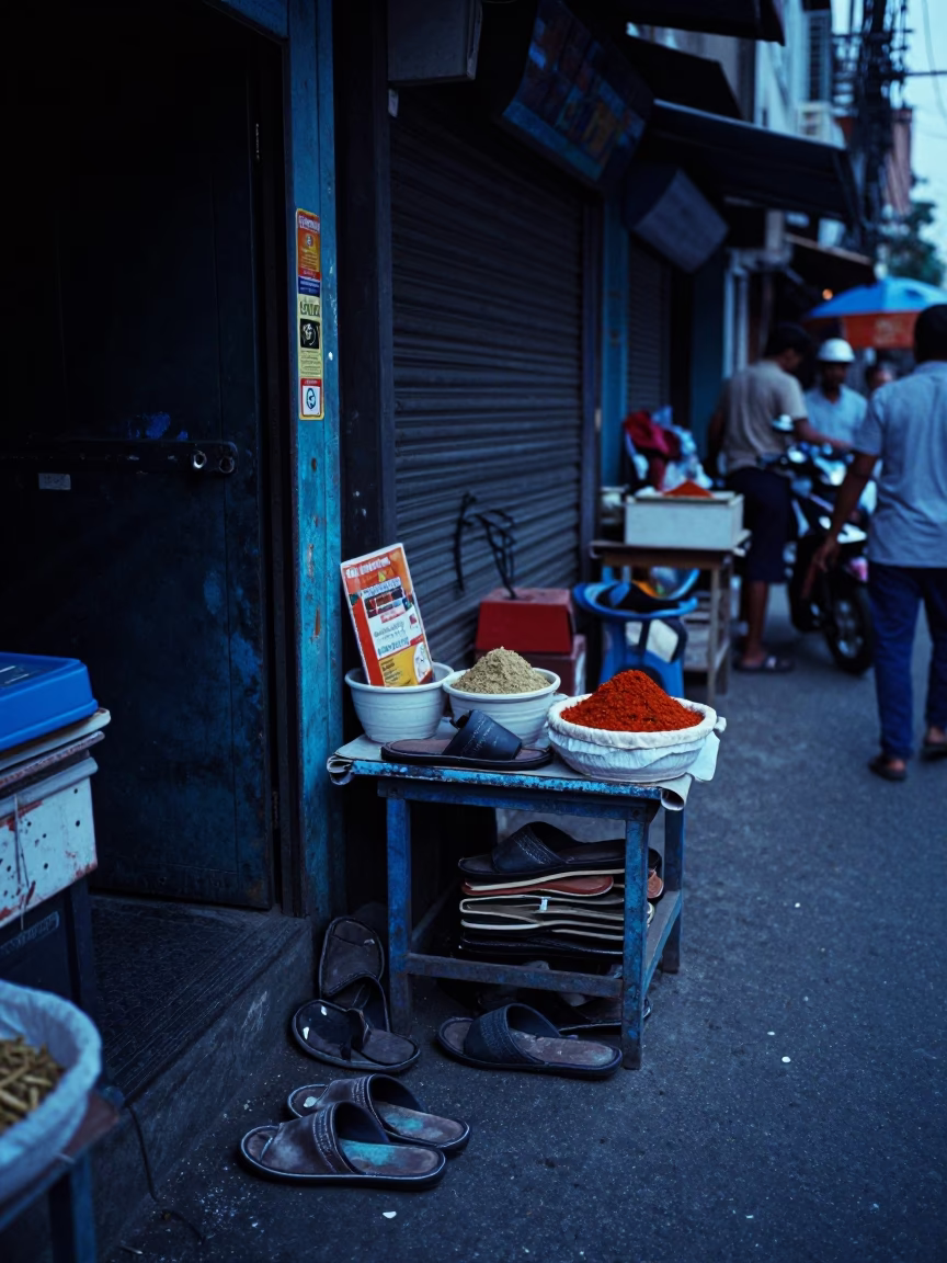 Chennai Street Vendor Evening Sale with Slippers and Spice Jars in in Chennai, India