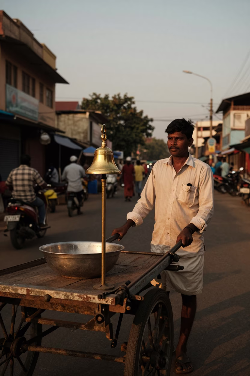 Chennai street vendor evening scene with brass bell and fruit bowl in in Chennai, India