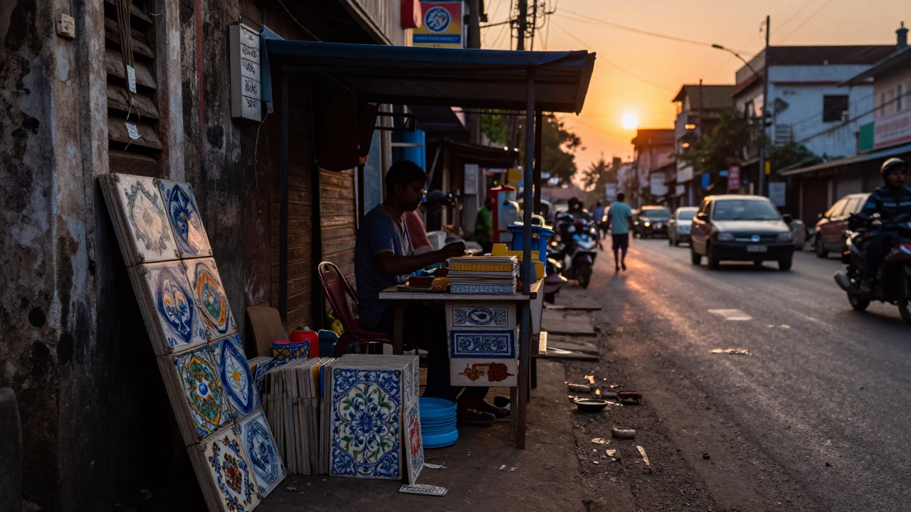 Chennai Street Vendor Evening Setup with Ceramic Tiles and Glass Pitcher in in Chennai, India