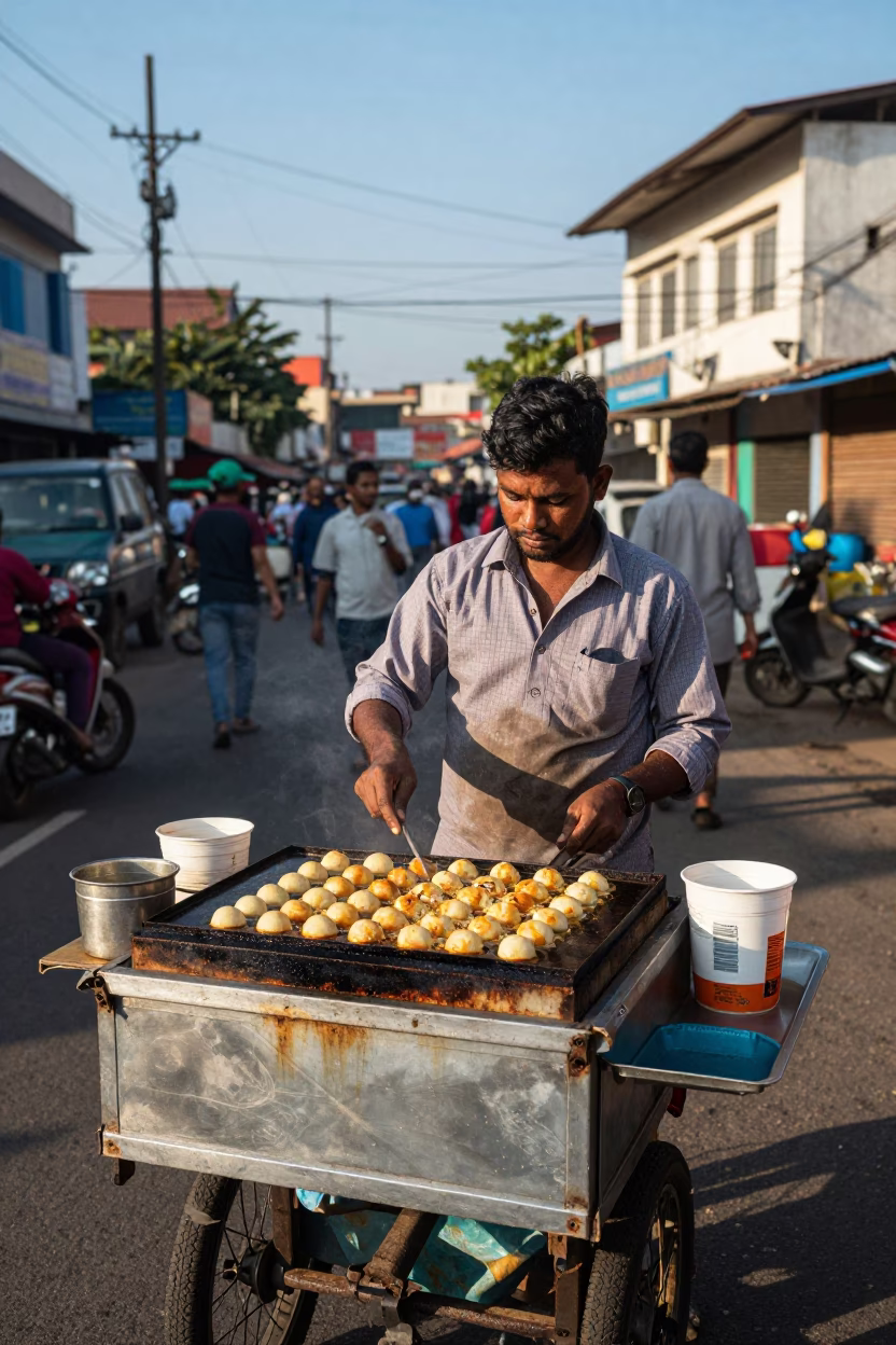 Chennai Street Vendor Grilling Takoyaki in Clear Late Afternoon Light in in Chennai, India