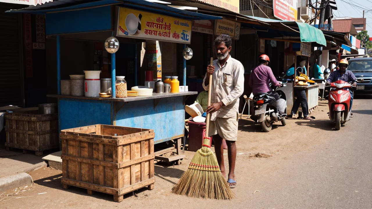 Chennai Street Vendor Midmorning Scene with Wooden Crate and Hand Broom in in Chennai, India