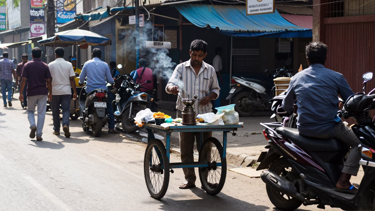 Chennai Street Vendor Noon Light with Vintage Coffee Grinder and Basil Pot in in Chennai, India
