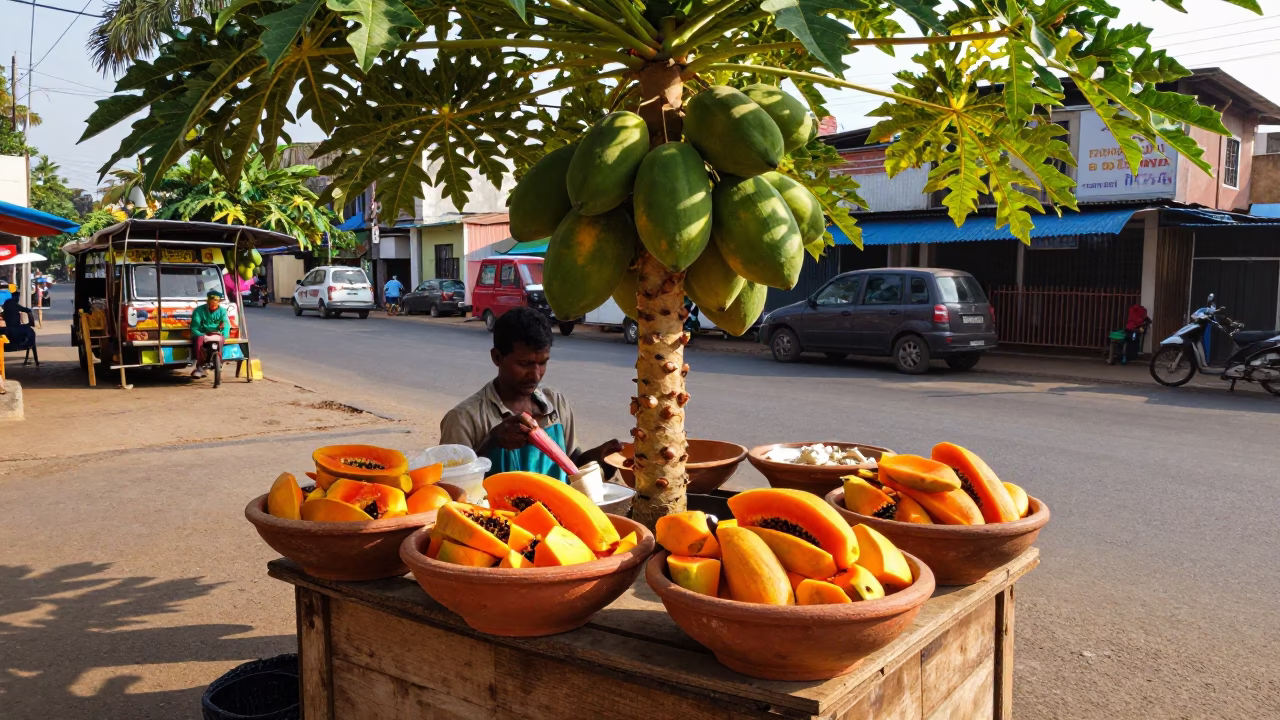 Chennai Street Vendor Papaya Tree and Terracotta Bowls Early Afternoon in in Chennai, India