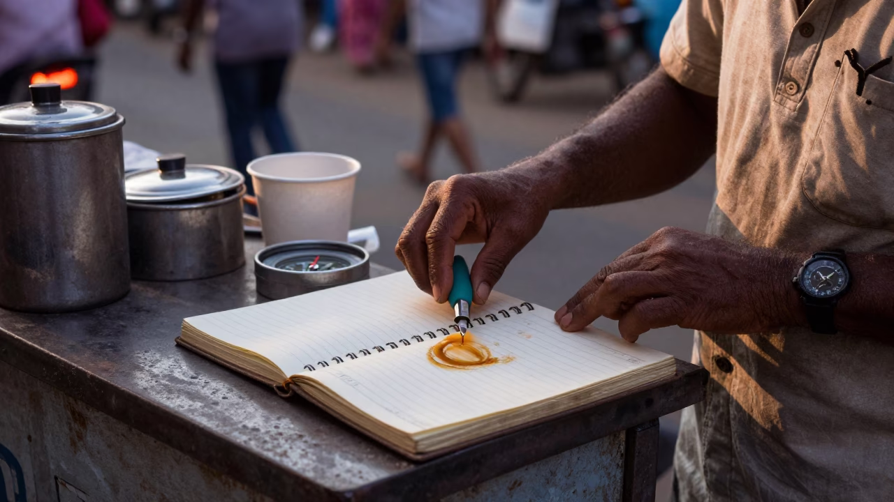 Chennai street vendor preparing tea with notebook and compass at dawn light in in Chennai, India