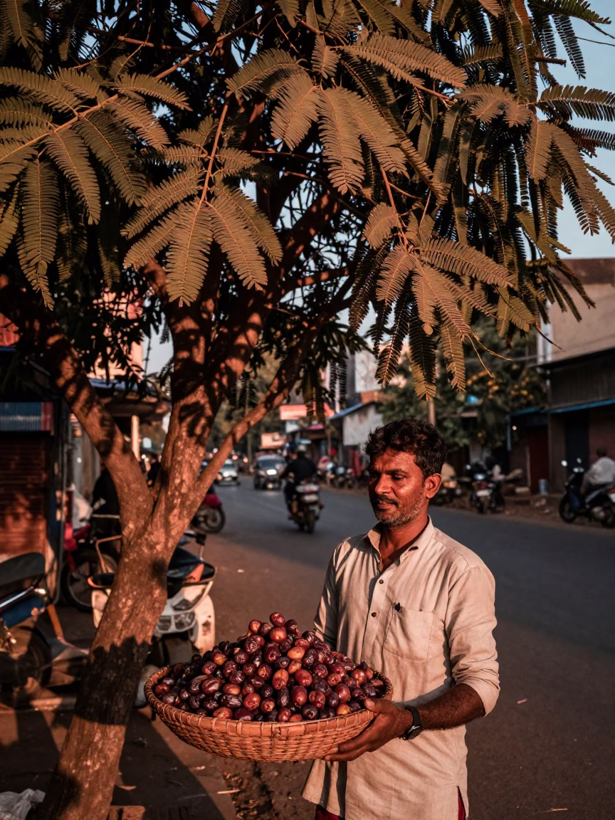 Chennai Street Vendor Selling Fresh Dates Under Tamarind Tree in Dusk Light in in Chennai, India