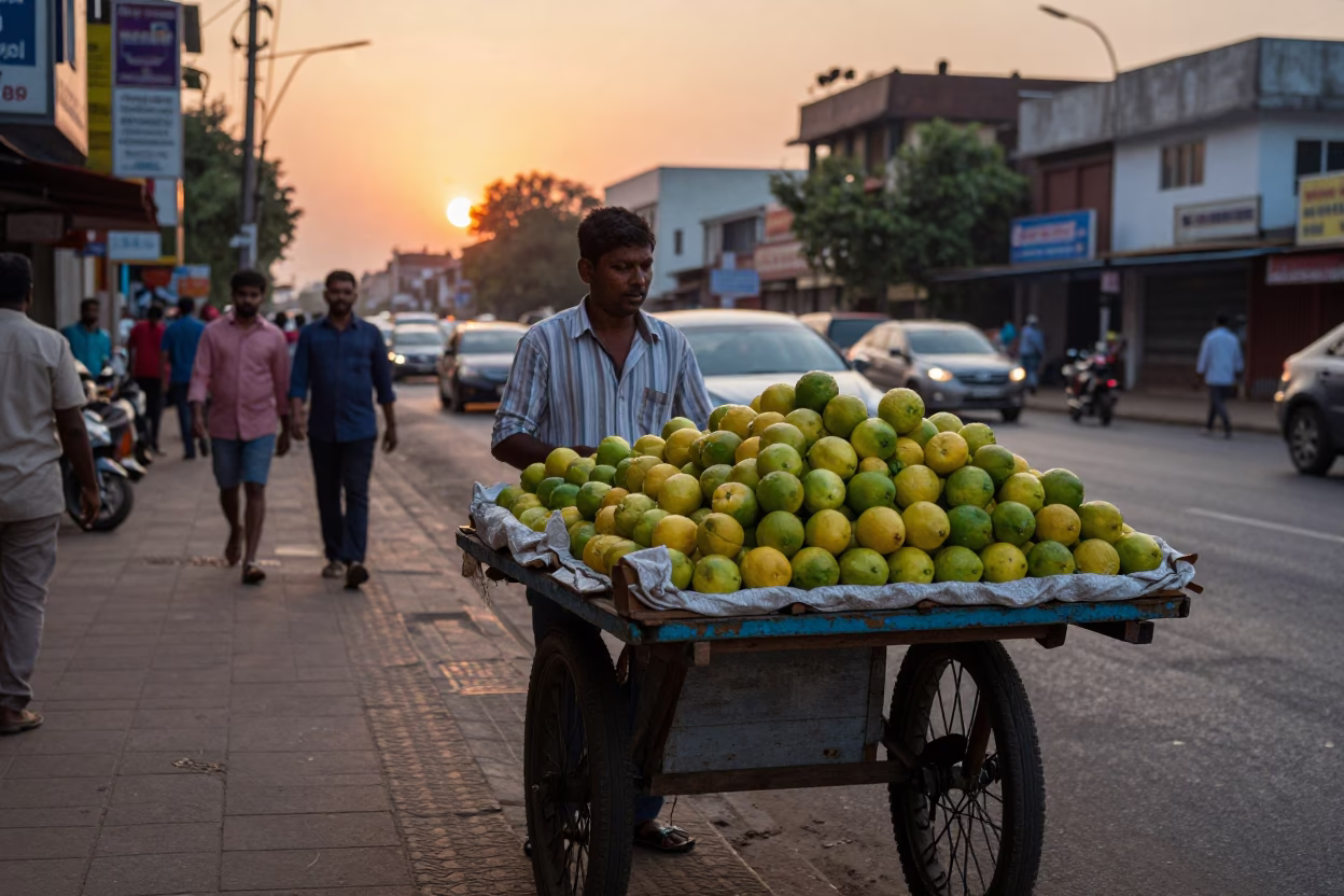Chennai street vendor selling fresh lemons at dusk near historic temple gopuram in in Chennai, India