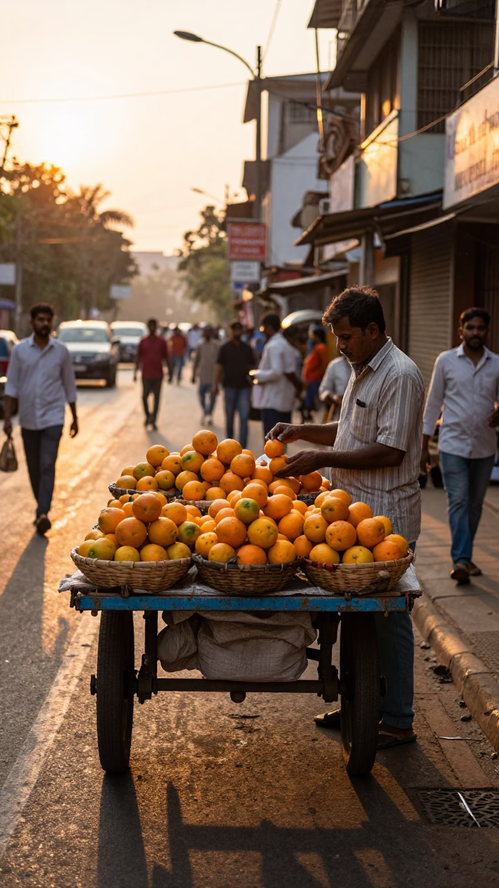 Chennai street vendor selling fresh oranges at sunset near temple gopuram in in Chennai, India