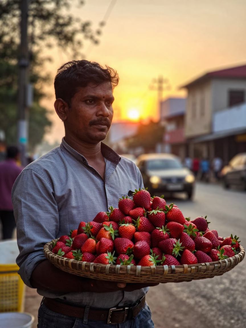 Chennai Street Vendor Selling Fresh Strawberries at Sunset in India in in Chennai, India