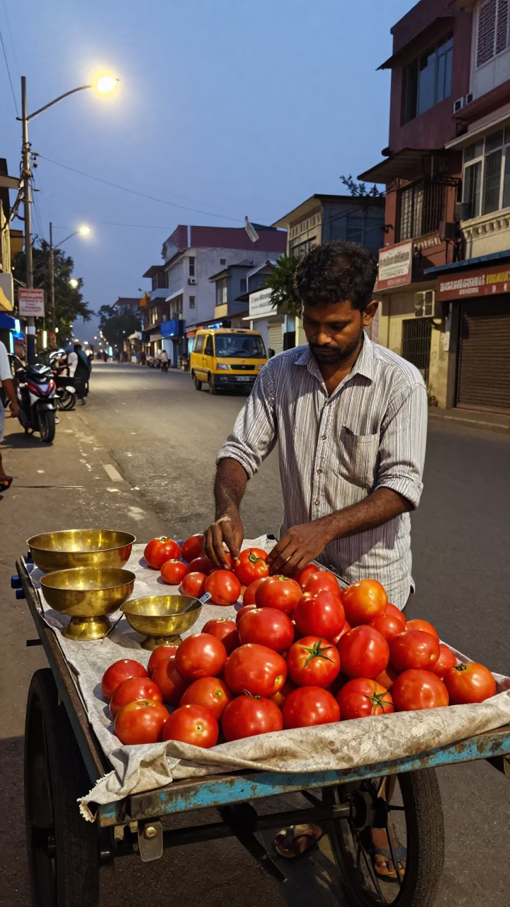 Chennai street vendor selling fresh tomatoes under twilight streetlights with brass utensils in in Chennai, India